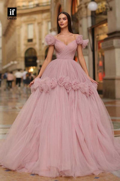 31991 - Glamorous V-Neck Tulle Ball Gown Prom Party Evening Dress with Slit