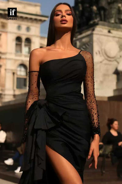 31992 - Modern One Shoulder Side Slit Pleats Prom Evening Formal Dress