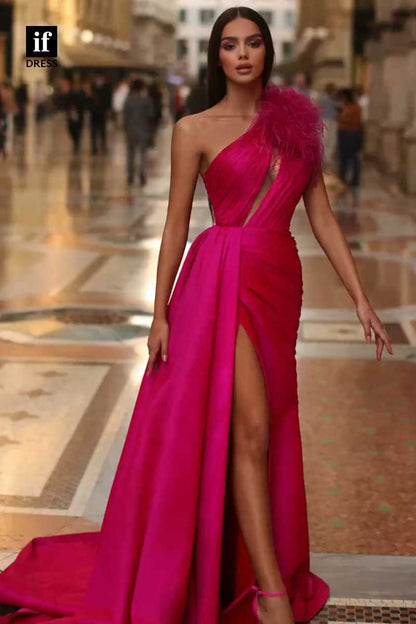 31997 - Charming One Shoulder Pleats Feathers Prom Evening Dress with Train