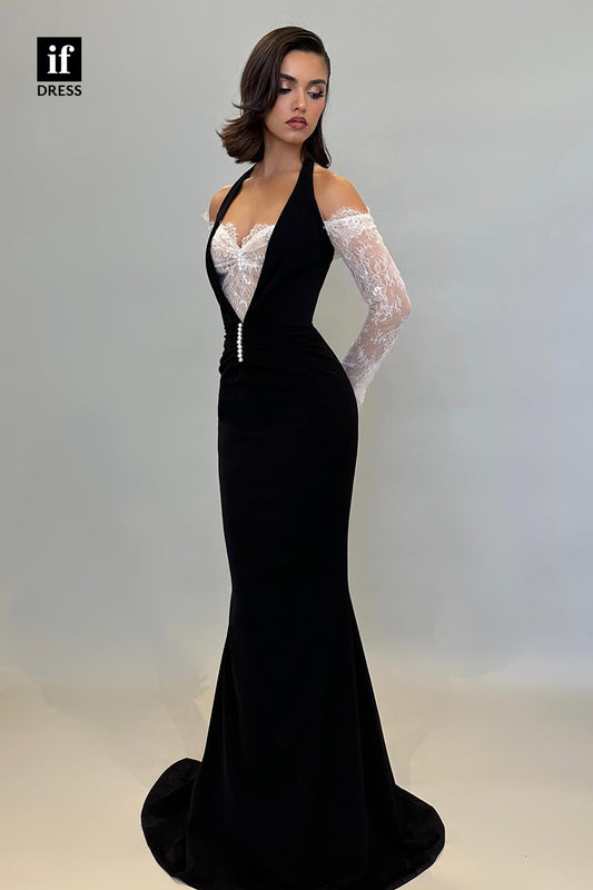 32873 - Mermaid Halter Long Sleeves Black Satin Prom Formal Evening Dress