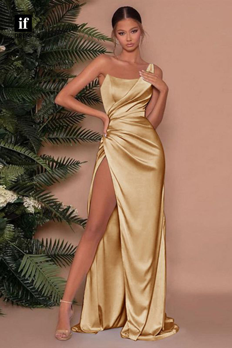 32877 - One Shoulder Pleats Split Sheath/Column Long Prom Evening Formal Dress