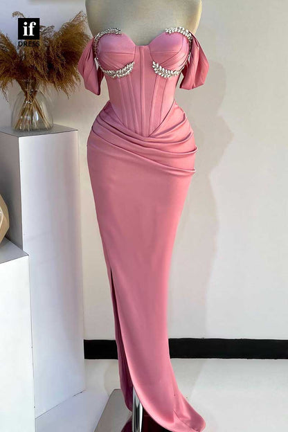 32904 - Adorable Off sShoulder Pleats Beads Prom Evening Dress with Slit