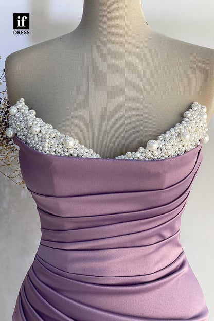 32906 - Elegant Strapless Pleats Pearl Sleeveless Prom Evening Formal Dress