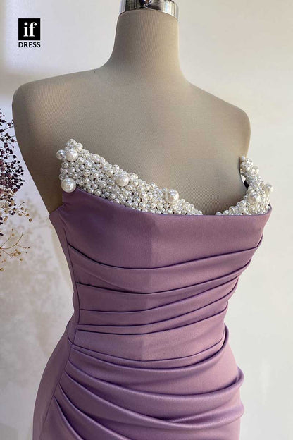 32906 - Elegant Strapless Pleats Pearl Sleeveless Prom Evening Formal Dress