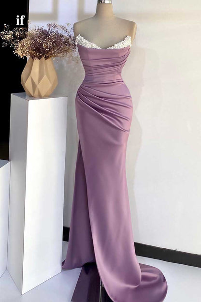32906 - Elegant Strapless Pleats Pearl Sleeveless Prom Evening Formal Dress
