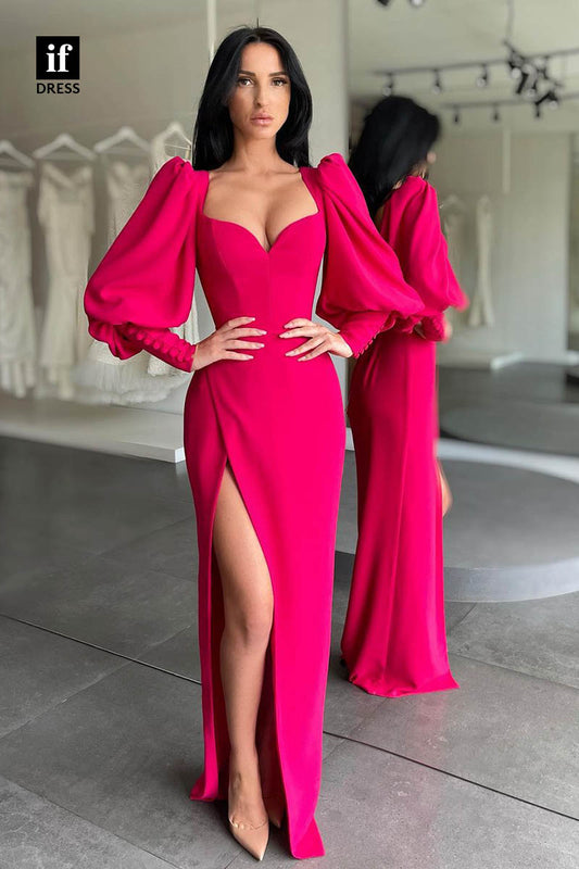33831 - Classic V-Neck Long Sleeves  Long Prom Evening Formal Dress With Slit
