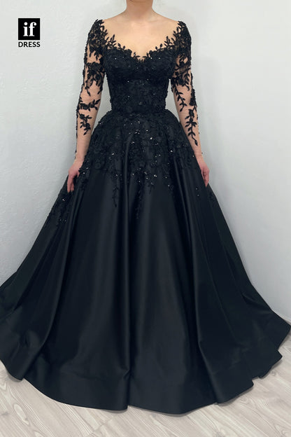 34131 - Classy V-Neck Appliques A-Line Prom Formal Evening Dress with Sleeves
