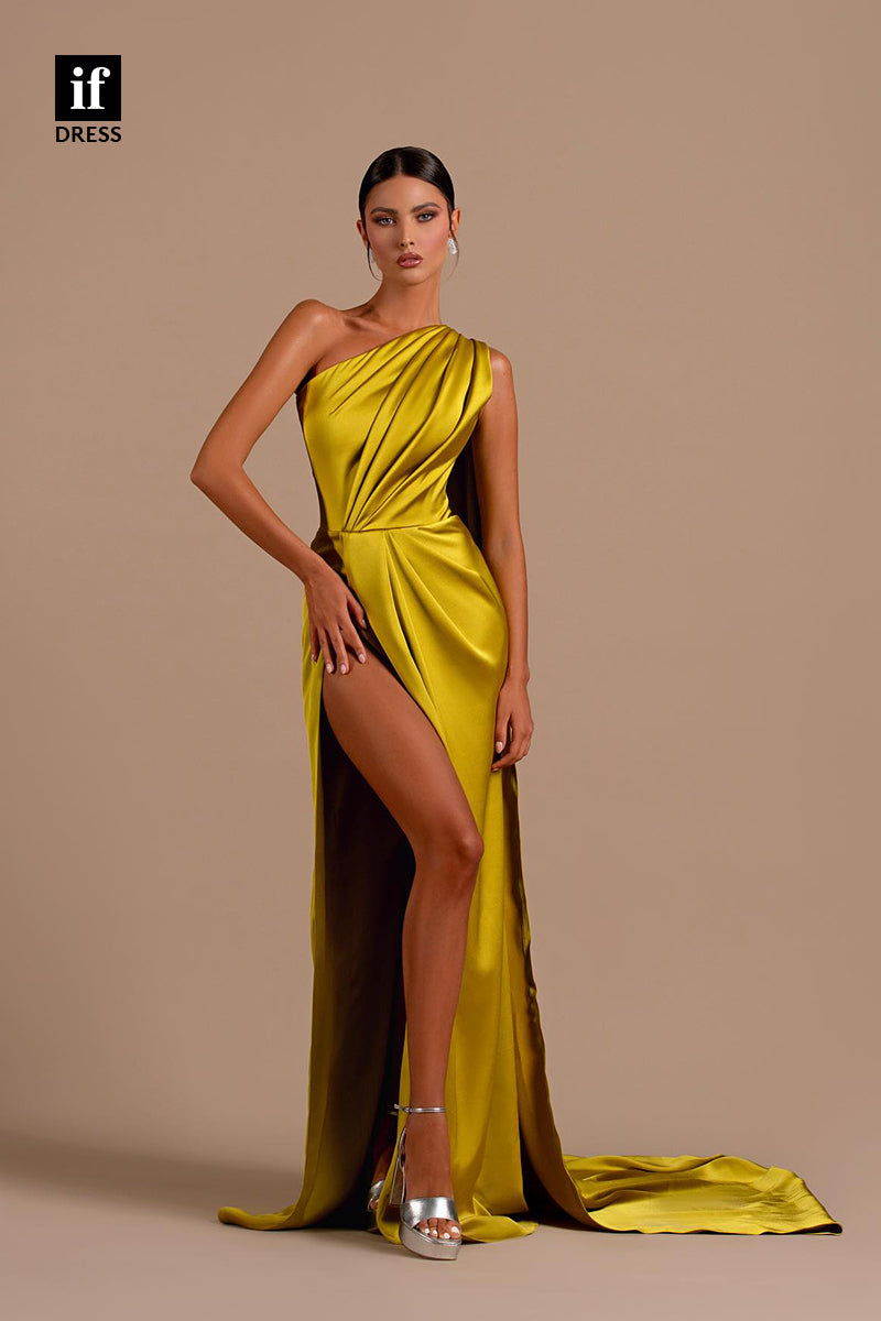 34179 - Classic One Shoulder Pleats High Slit Prom Formal Evening Dress