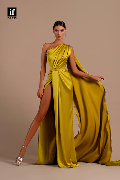 34179 - Classic One Shoulder Pleats High Slit Prom Formal Evening Dress