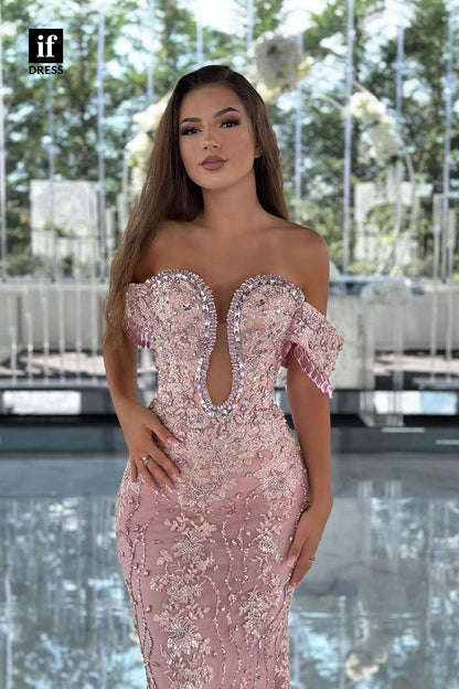 34340 - Sexy Off-Shoulder Side Slit Sheath Prom Formal Evening Dress