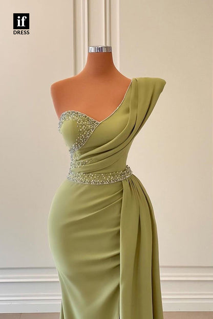 34349 - Elegant One Shoulder Pleats Beads Slit Prom Formal Evening Dress