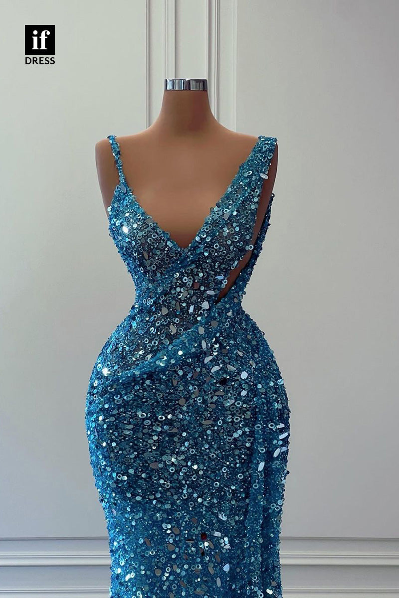 34351 - Sparkly Straps V-Neck Sequined Prom Fomal Evening Dress