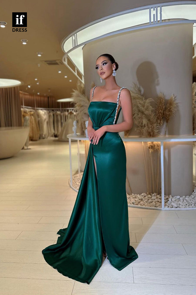 34367 - Modern Spaghetti Straps Slit Satin Prom Evening Formal Dress