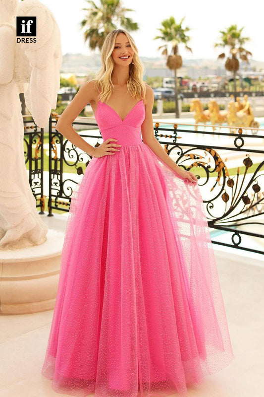 34388 - Attractive Spaghetti Straps V-Neck A-Line Tulle Prom Evening Formal Dress