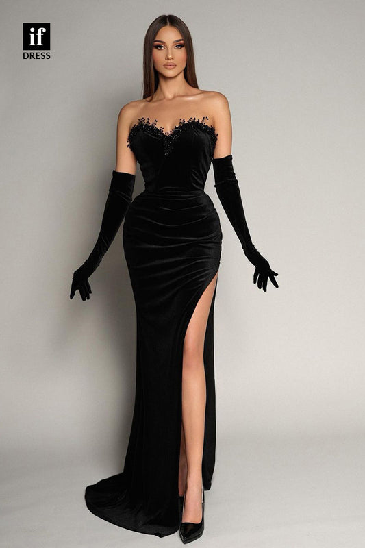 34390 - Charming Off-Shoulder Beads Sweetheart Slit  Prom Formal Dress with Gloves