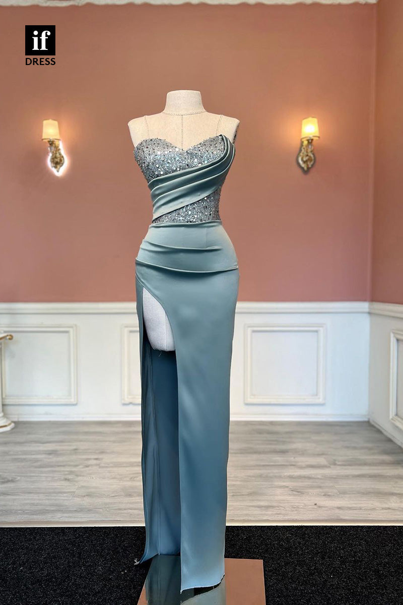 34401 - Classic Off Shoulder Pleats Sequins Side Slit Prom Evening Formal Dress