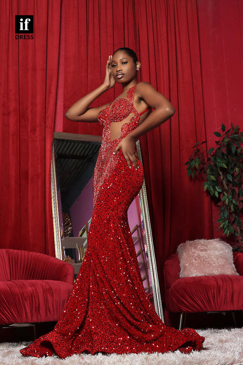 34450 - Sexy Beads V-Neck Mermaid Sequined Prom Evening Gown For Black Girls