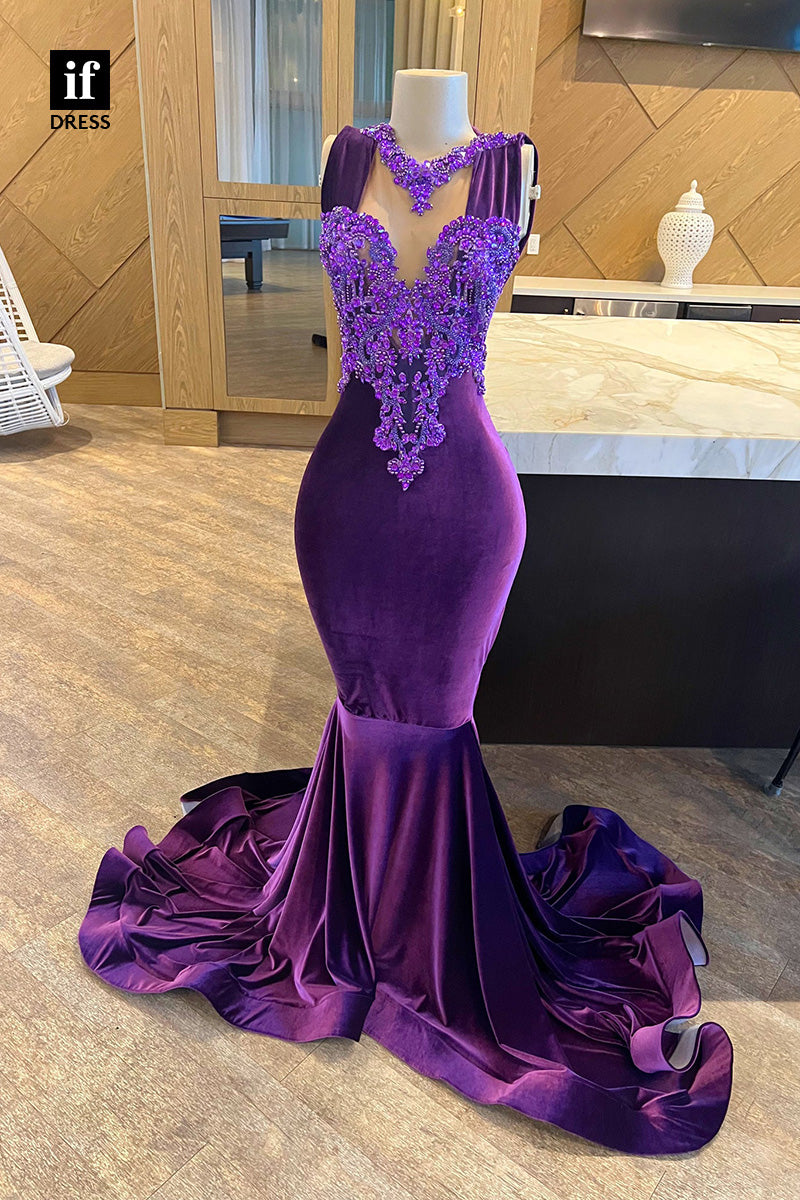 34462 - Luxurious Mermaid Beaeds Velvet Evening Formal Dress For Black Girls