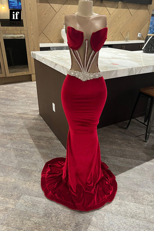 34463 - Stunning Illusion Beads Velvet Prom Evening Formal Dress For Black Girls