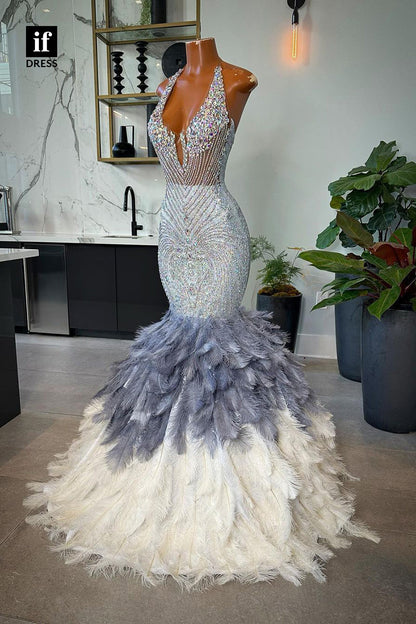 34465 - Glamorous V-Neck Feathers Mermaid Evening Formal Dress For Black Girls