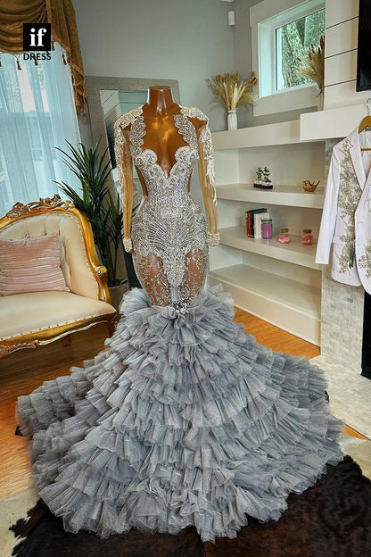 34466 - Luxurious Mermaid Tuered Beads Evening Formal Gown For Black Girls
