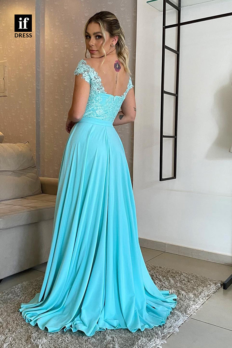34472 - A-Line  Off Shoulder Lace Appliques Belt Prom Formal Evening Dress