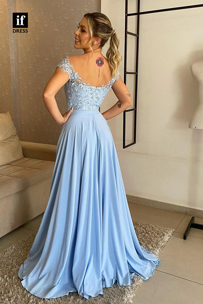 34472 - A-Line  Off Shoulder Lace Appliques Belt Prom Formal Evening Dress