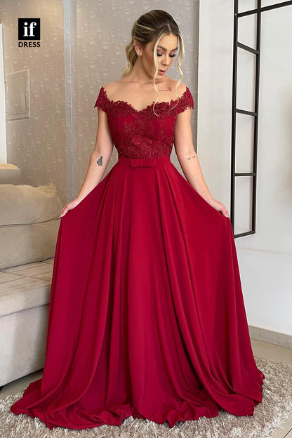 34472 - A-Line  Off Shoulder Lace Appliques Belt Prom Formal Evening Dress