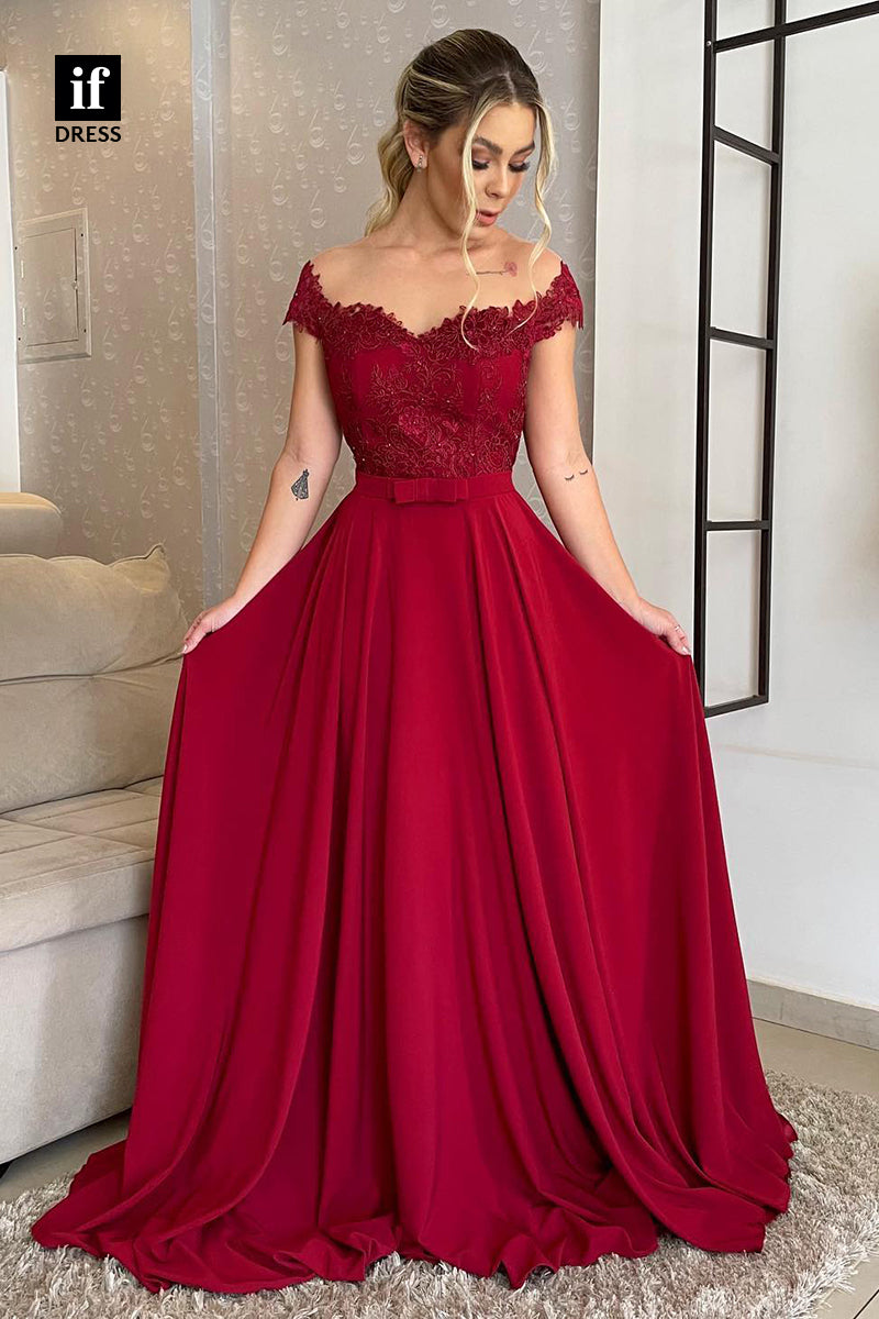 34472 - A-Line  Off Shoulder Lace Appliques Belt Prom Formal Evening Dress
