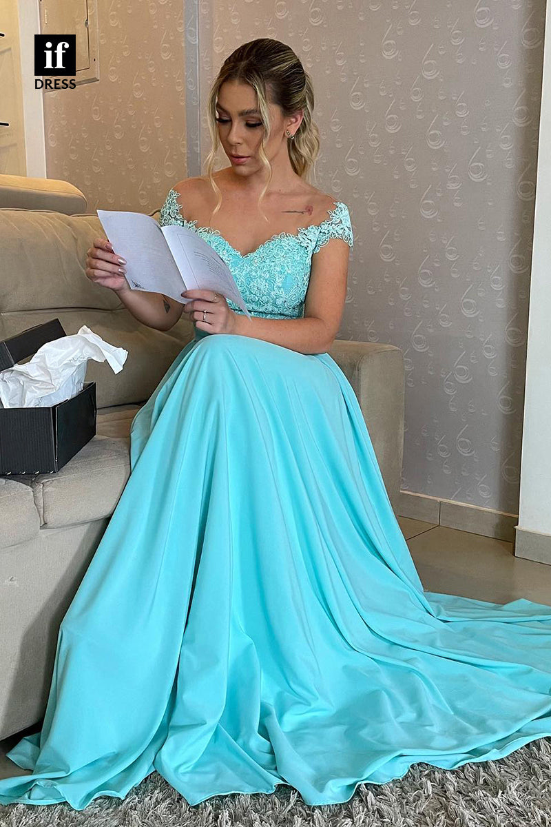 34472 - A-Line  Off Shoulder Lace Appliques Belt Prom Formal Evening Dress