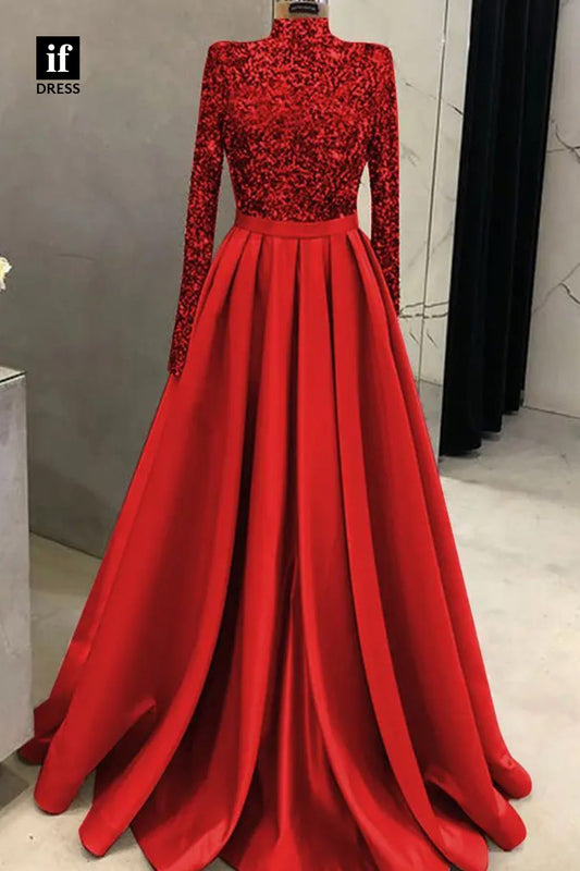 34474 - Classic Long Sleeves High Neck A-Line Prom Formal Evening Dress