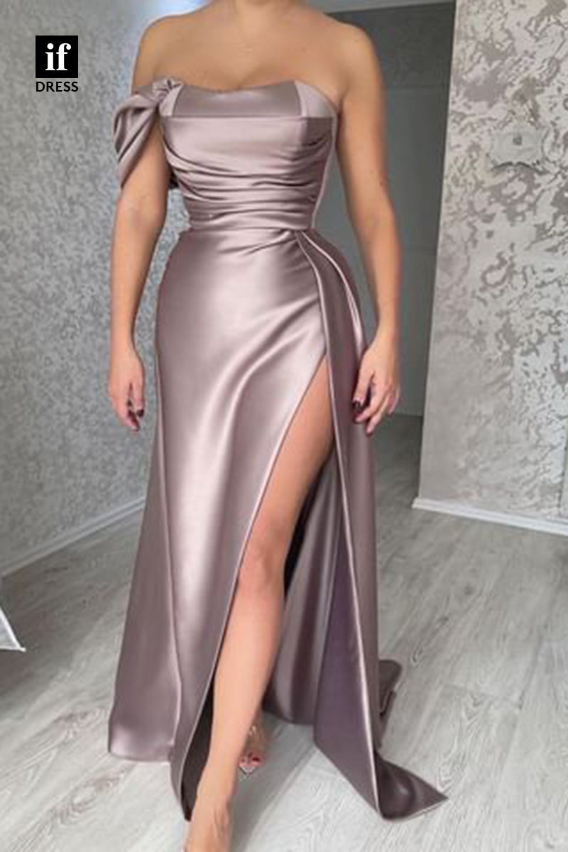 34475 - Chic Off Shoulder Pleats Side Slit Prom Formal Evening Dress