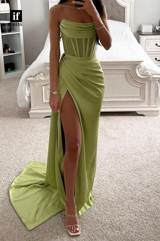 34502 - Chic Strapless Scoop Pleats Sleeveless Prom Evening Dress with Slit