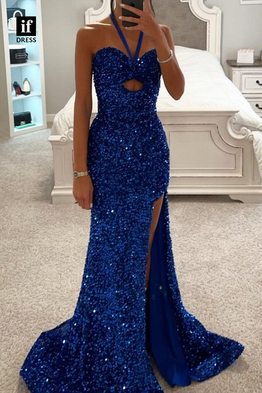 34507 - Unique Halter Fully Sequined Side Slit Mermaid Prom Evening Dress