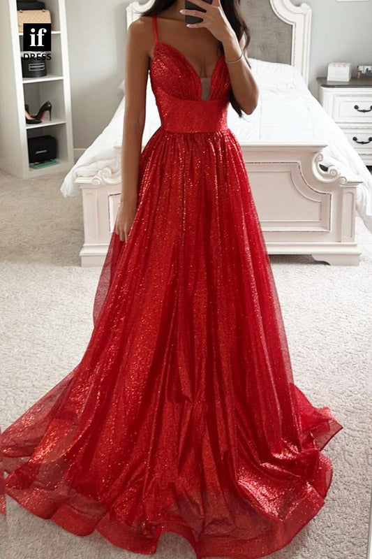 34508 - Amazing Spaghetti Straps A-Line Sequins Prom Evening Formal Dress