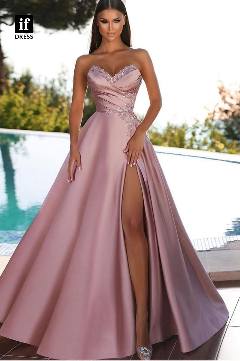 34525 -Charming Off- Shoulder V-Neck Beads High Slit Prom Evening Formal Dress