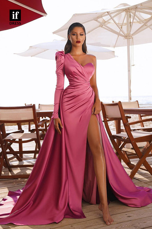 34526 - Elegant One Shoulder A-Line Pleats Prom Evening Formal Dress with Slit