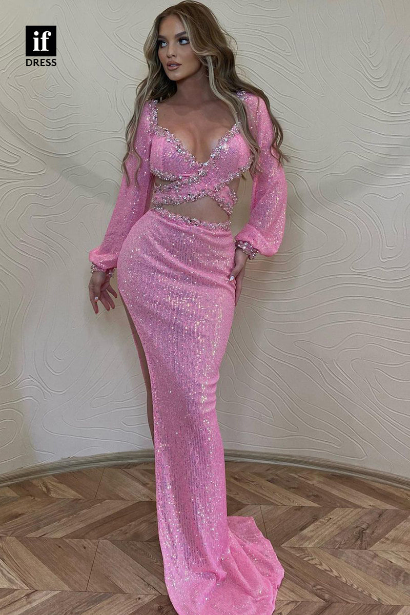 34537 - Stunning Long Sleeves Hifh Slit Beads Prom Evening Formal Dress