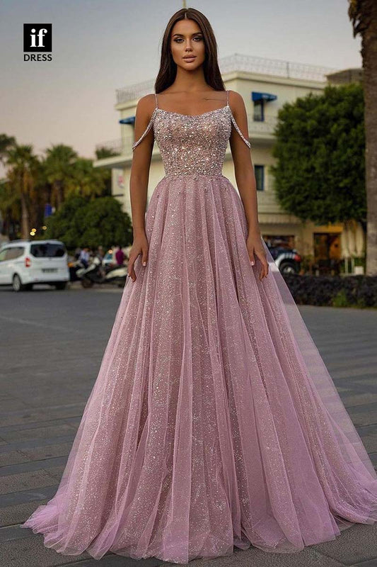 34582 - Sparkly Spaghetti Straps Scoop A-Line Tulle Prom Evening Formal Dress