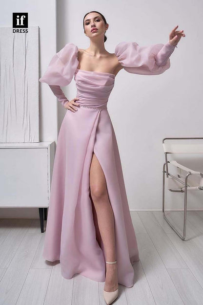 34602 - Elegant Long Sleeves A-Line Ruched Side Slit Prom Evening Formal Gown