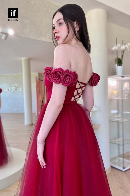34609 - Wonderful Off Shoulder Sweetheart A-Line Slit Tulle Prom Evening Formal Dress