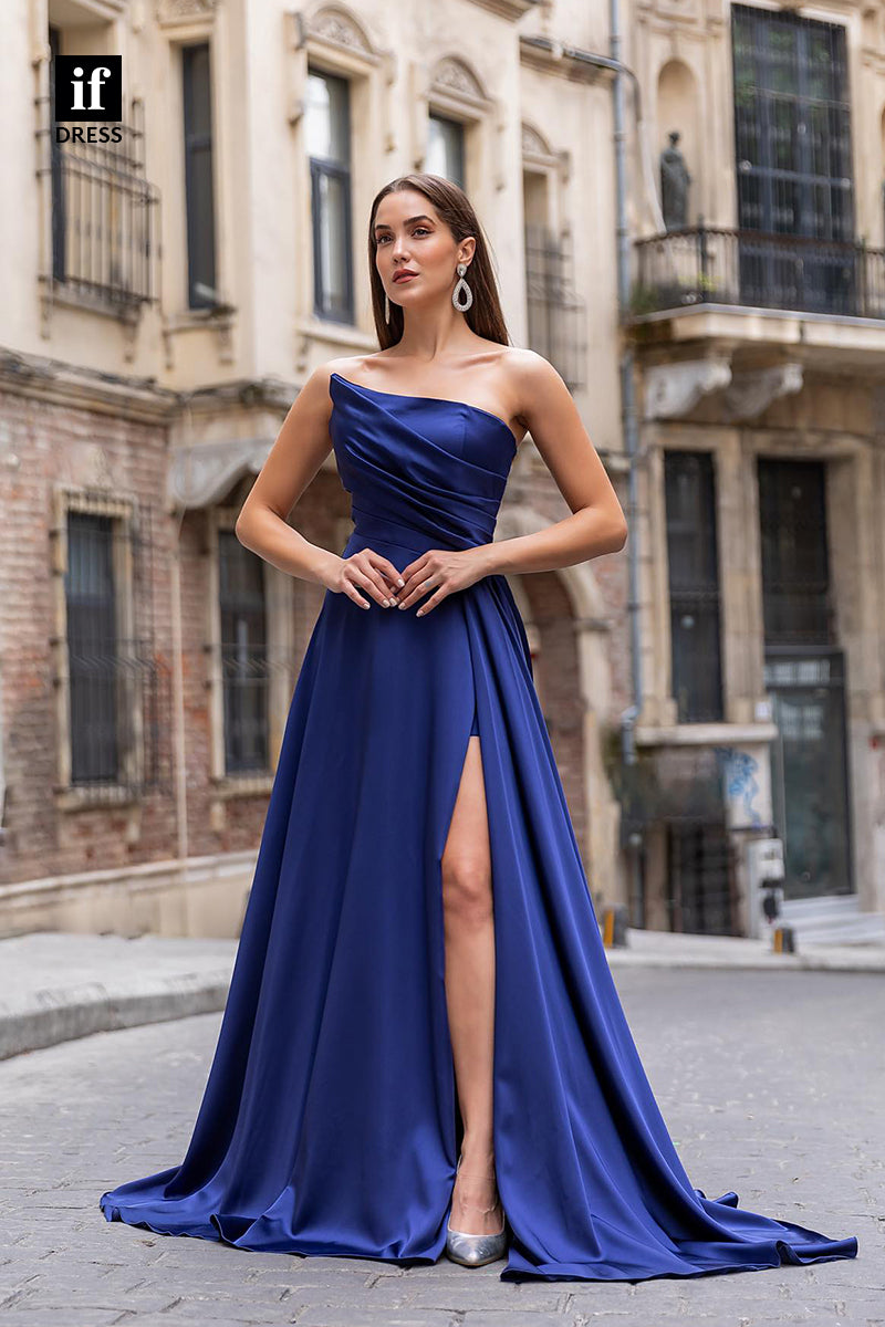 34612 -Classic A-Line Strapless Side Split Long Prom Evening Formal Dress with Train