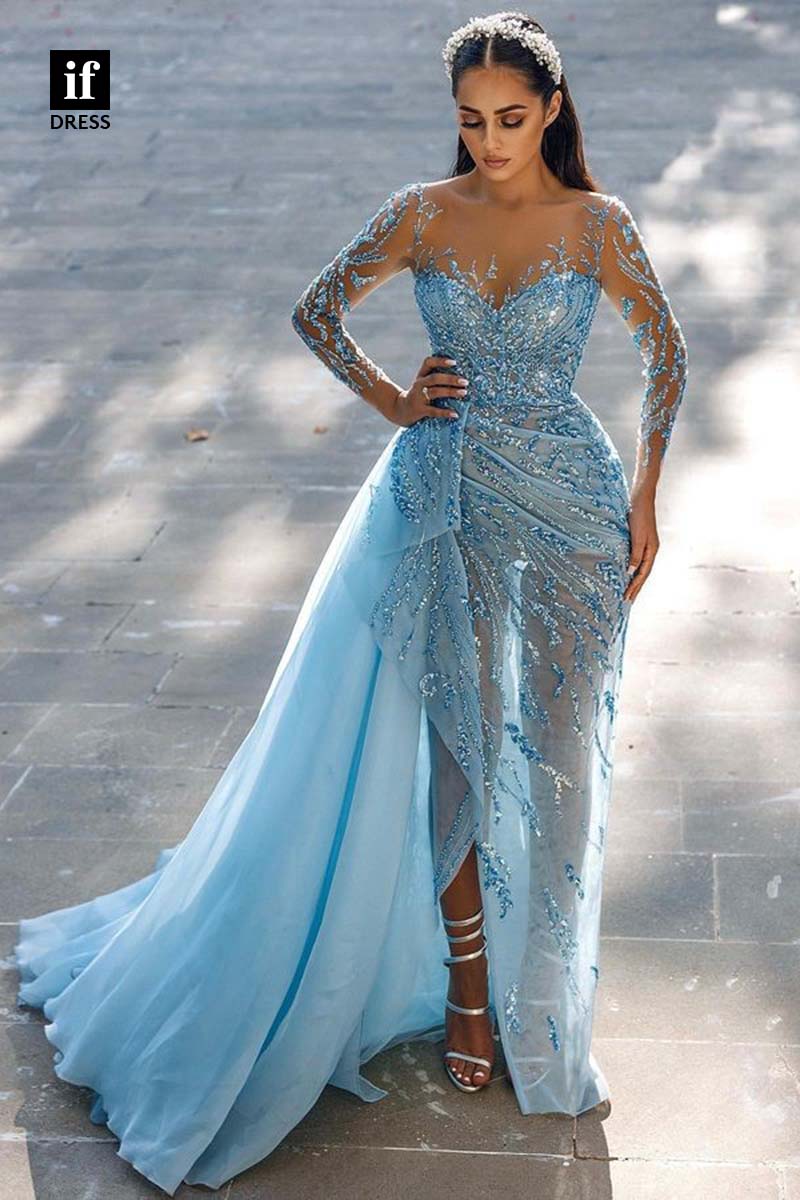 34618 - Charming A-Line Long Sleeves Beads Pleats Prom Evening Formal Dress