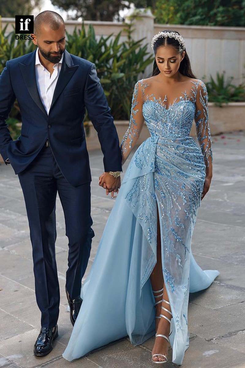 34618 - Charming A-Line Long Sleeves Beads Pleats Prom Evening Formal Dress