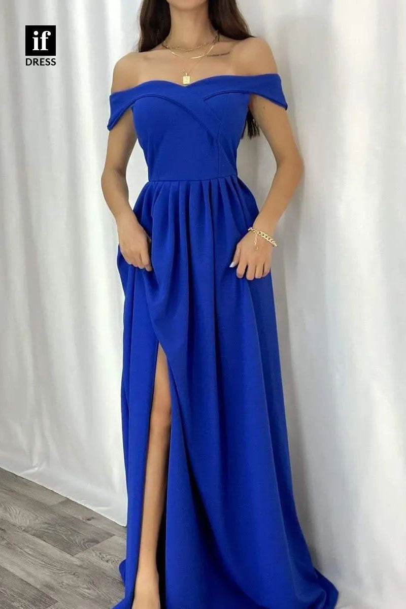 34629 - Chic Off Shoulder Cap Sleeves Long Prom Evening Formal Gown With Slit