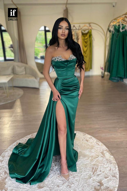 34646 - Classy Strapless Beads Pleats Prom Evening Formal Dress With Slit
