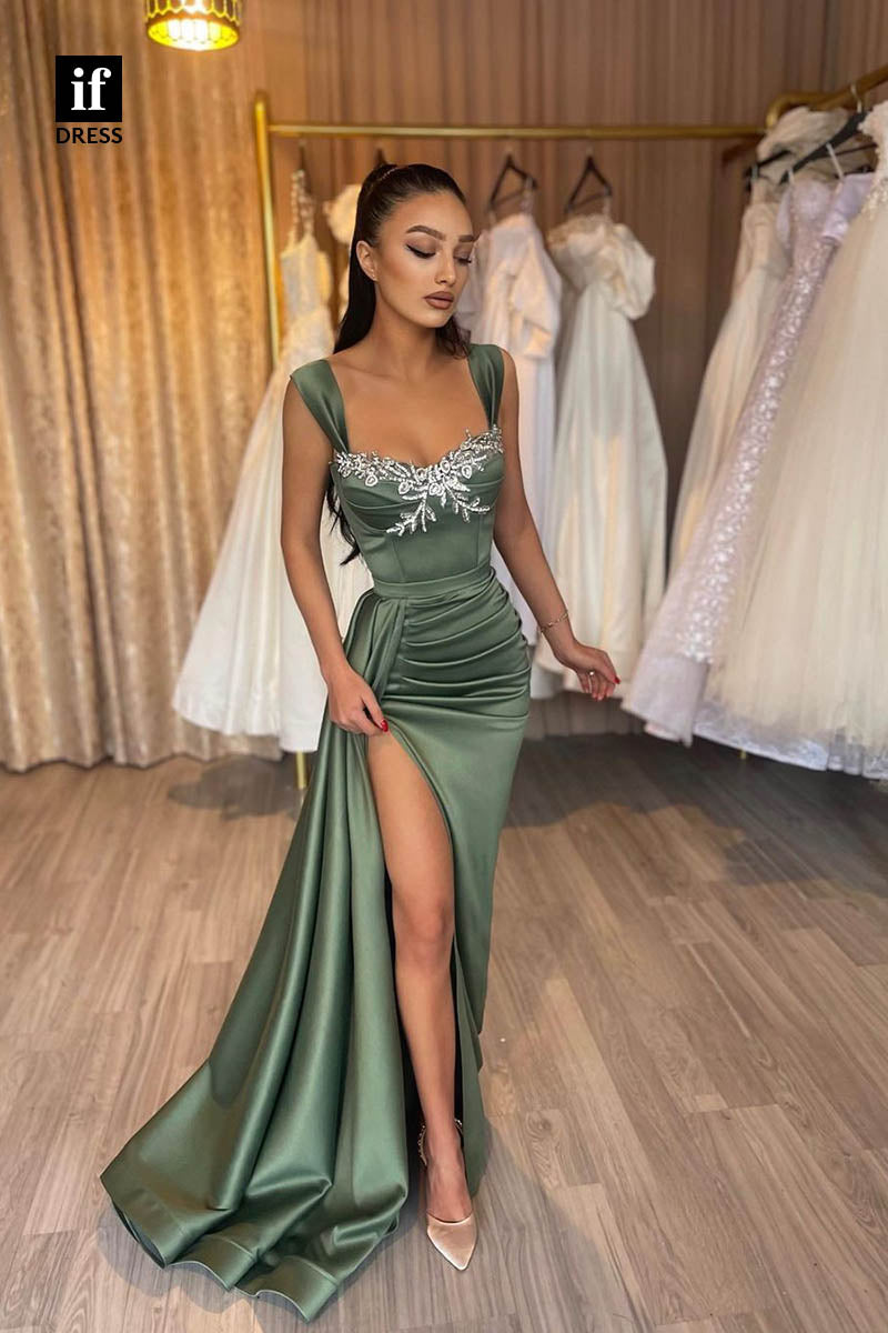 34658 - Elagant Straps Beads Pleats Prom Evening Formal Gown With Slit