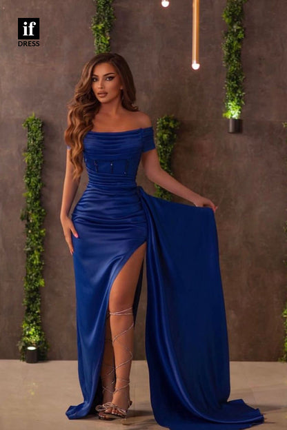 34676 - Chic Off Shoulder Pleats Cap Sleeves Prom Evening Formal Dress