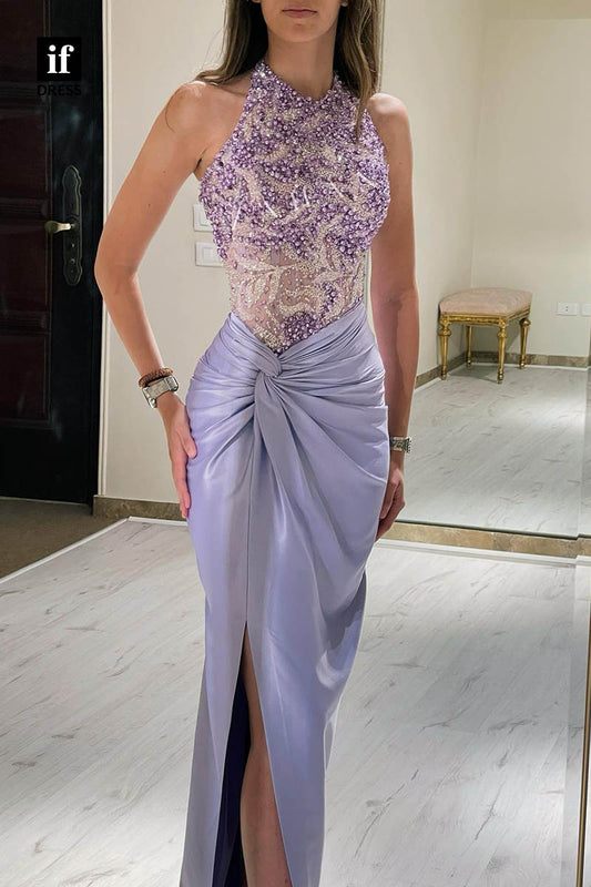 34700 - Gorgeous Beads High Neck Pleats Prom Evening Formal Dress