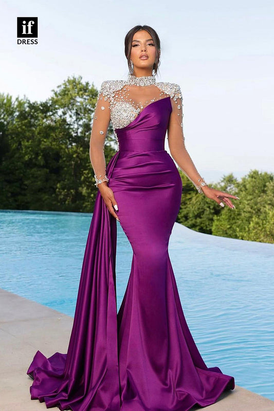 34745 - Stunning Beads High Neck Mermaid Pleats Prom Evening Formal Dress